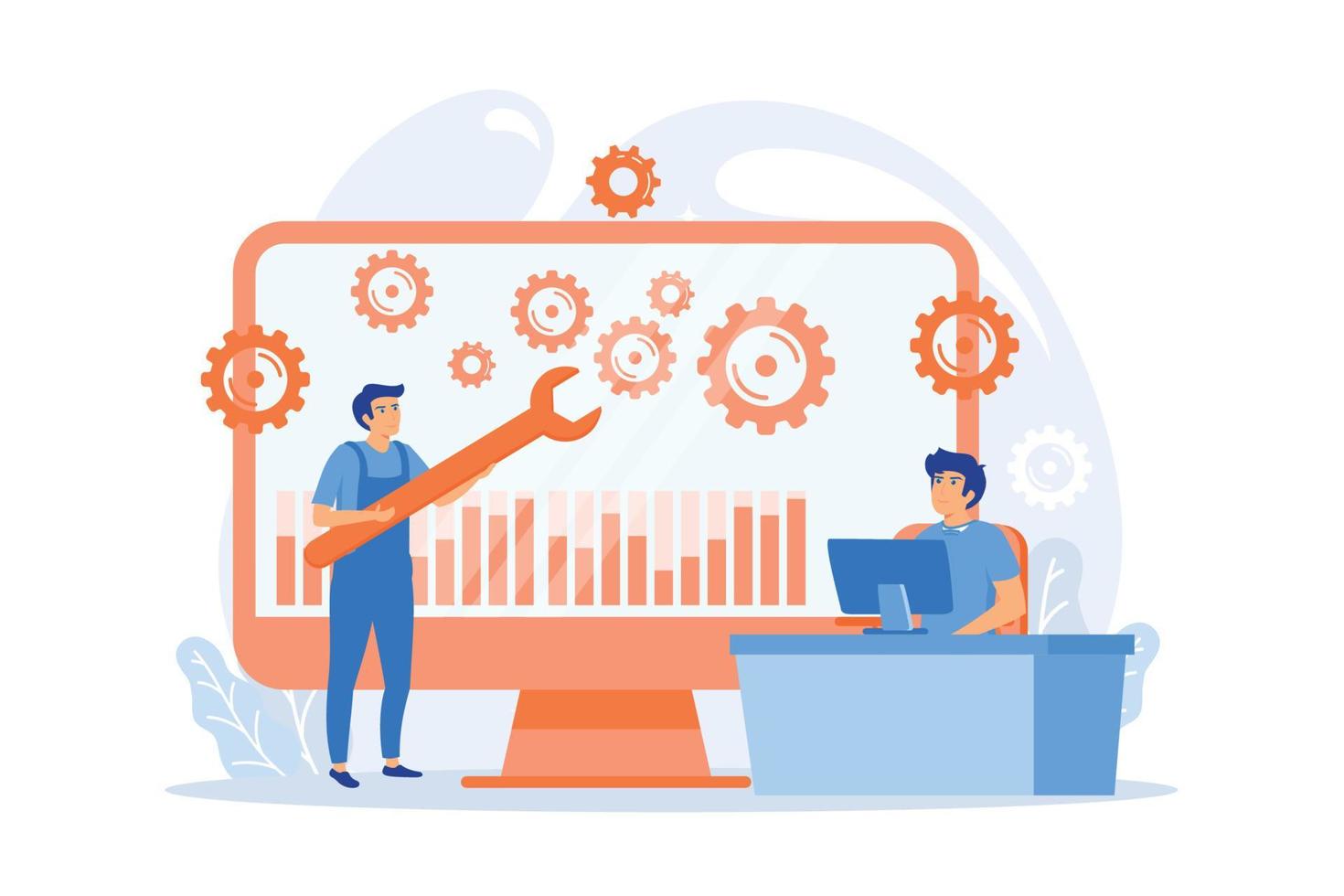 technisch ondersteuning jongens werken Aan repareren een computer hardware en software. probleemoplossen, vaststelling problemen, probleem controle concept. vlak vector modern illustratie