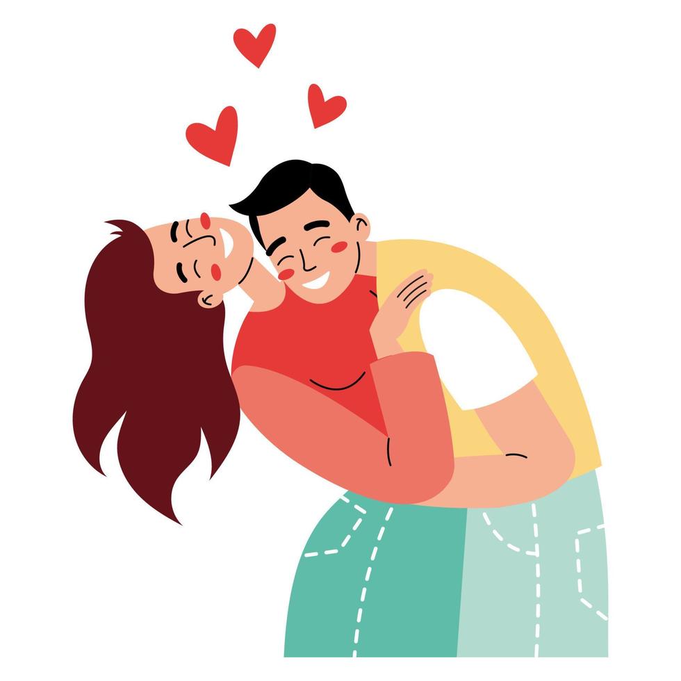 gelukkig paar in romantisch verhoudingen. Mens en vrouw knuffelen of knuffelen. kleurrijk vlak illustratie Aan een wit achtergrond. vector