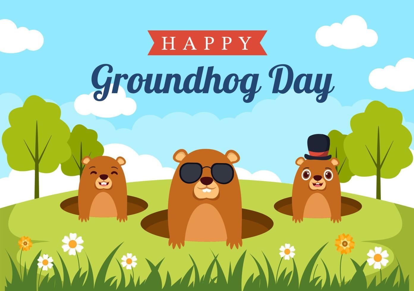 gelukkig groundhog dag Aan februari 2 met schattig marmot karakter en tuin achtergrond sjabloon hand- getrokken tekenfilm vlak illustratie vector