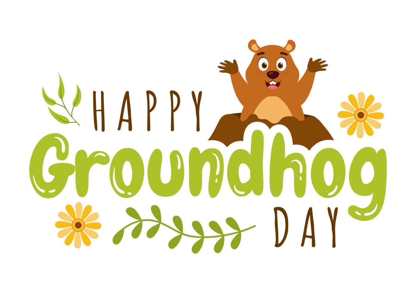 gelukkig groundhog dag Aan februari 2 met schattig marmot karakter en tuin achtergrond sjabloon hand- getrokken tekenfilm vlak illustratie vector