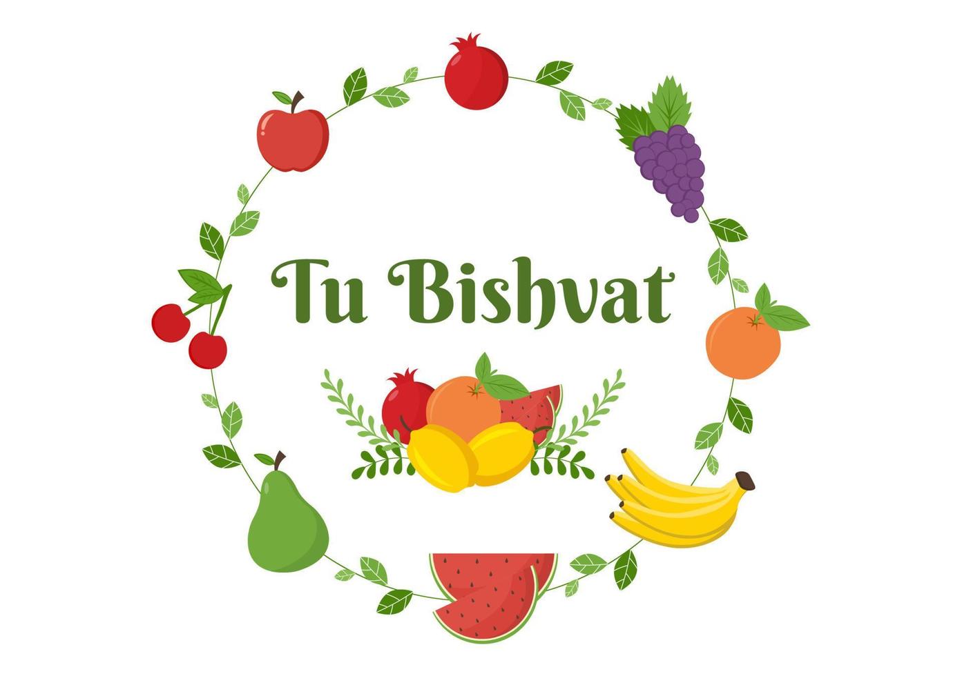 tu bishvat sjabloon hand- getrokken tekenfilm vlak illustratie bloeiend boom met voorwerpen van zeven soorten van fruit Aan wit achtergrond ontwerp vector