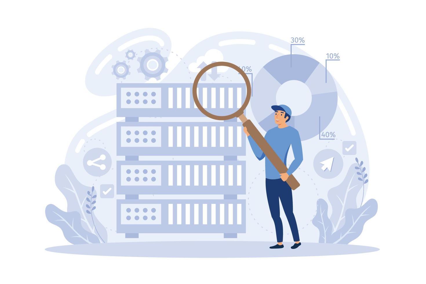 ontwikkelaar met vergroten glas werken met groot gegevens en zigzag pijl. digitaal analytics hulpmiddelen, gegevens opslagruimte en software bouwkunde concept. vlak vector modern illustratie