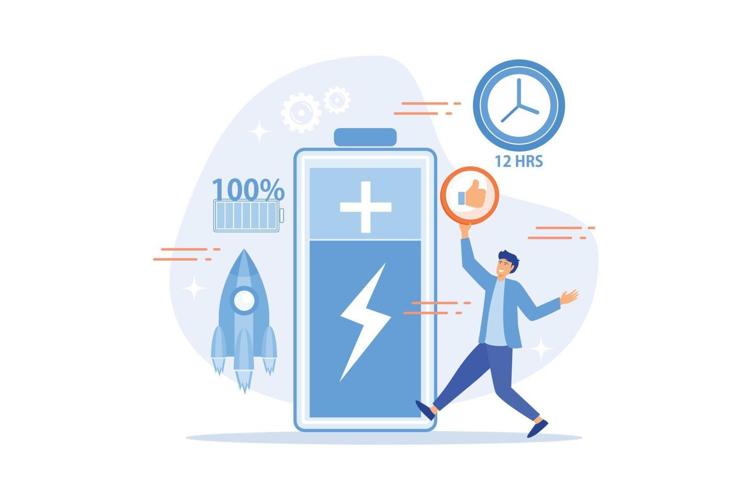 gebruikers en accu prestatie en levensduur met in rekening brengen indicator en tijd. accu looptijd, uitbreiden looptijd technologie, lang accu leven concept. vlak vector modern illustratie