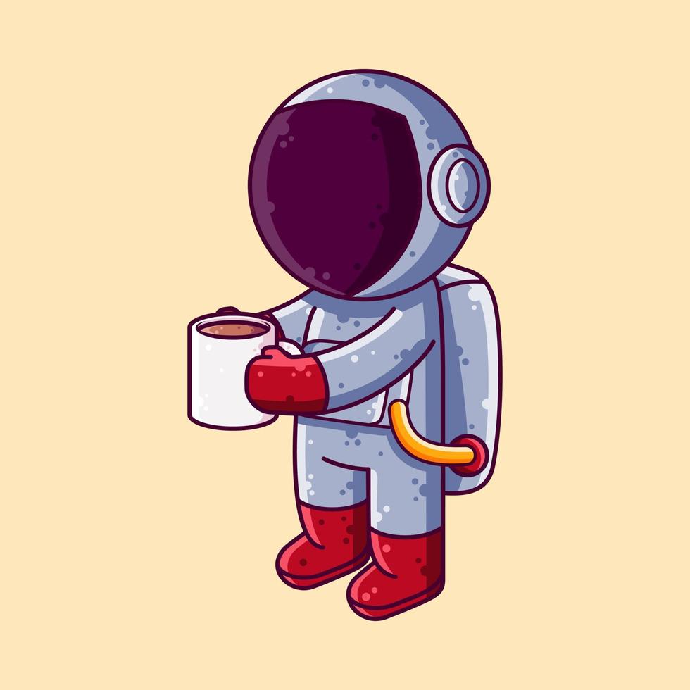 schattig astronaut drinken koffie staand tekenfilm vector illustratie. tekenfilm stijl icoon of mascotte karakter vector.