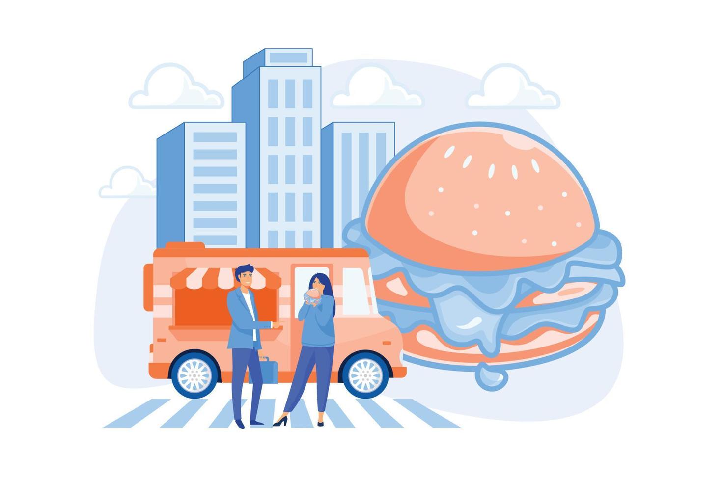 reusachtig Hamburger en zakenman en vrouw aan het eten in de straat in de buurt vrachtwagen. straat voedsel, stad voedsel vrachtwagen, straat voedsel festival concept. vlak vector modern illustratie