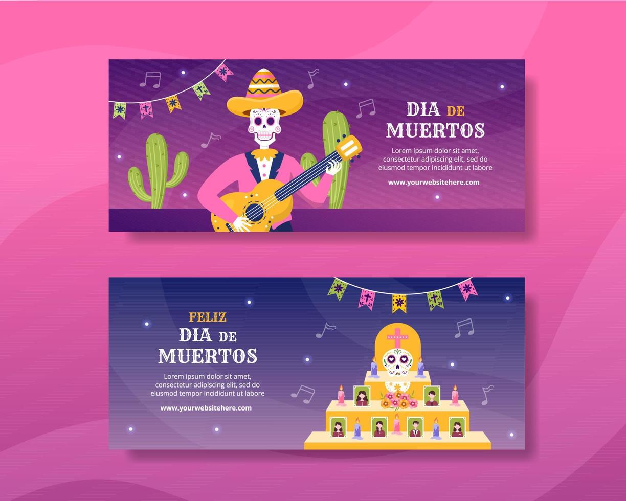 dia de los Muertos of dag van de dood horizontaal banier sjabloon hand- getrokken tekenfilm illustratie vector