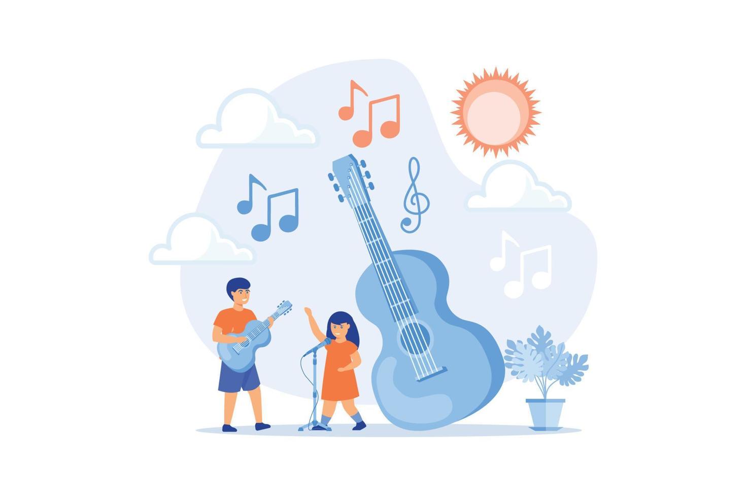 gelukkig kinderen genieten het zingen en spelen de gitaar Bij zomer kamp, klein mensen. musical kamp, jong muziek- talenten, muziek- en lied cursussen concept. vlak vector modern illustratie