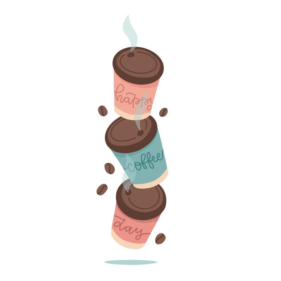 gelukkig koffie dag belettering creatief concept. drie papier koffie cups vallend geïsoleerd Aan wit achtergrond. koffie naar Gaan of nemen weg. vector vlak hand- getrokken illustratie