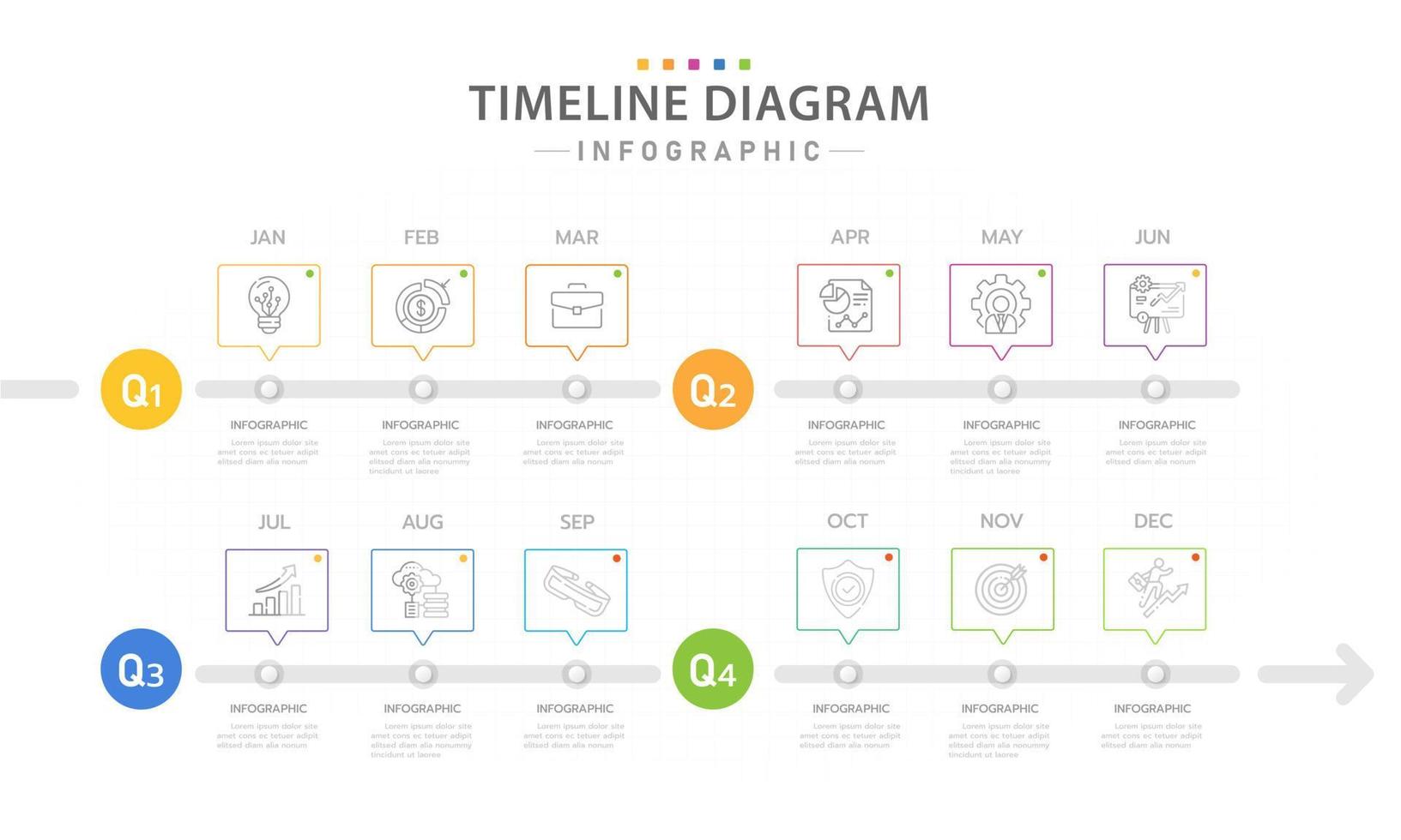 infographic sjabloon voor bedrijf. 12 maanden modern tijdlijn diagram kalender met 4 kwartaal onderwerpen, presentatie vector infografisch.