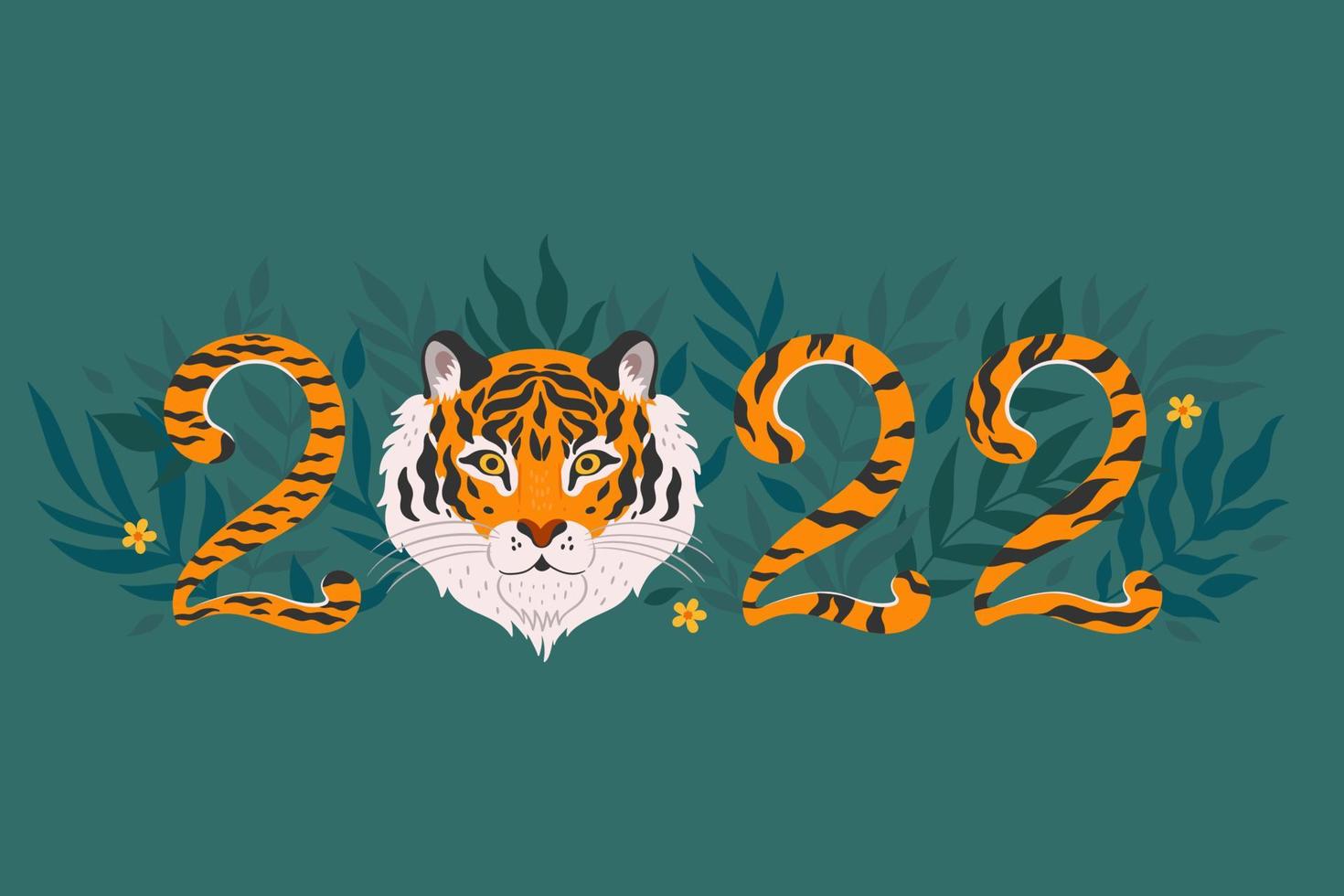 tijger aantal 2022 en tropisch bladeren. vector grafiek.