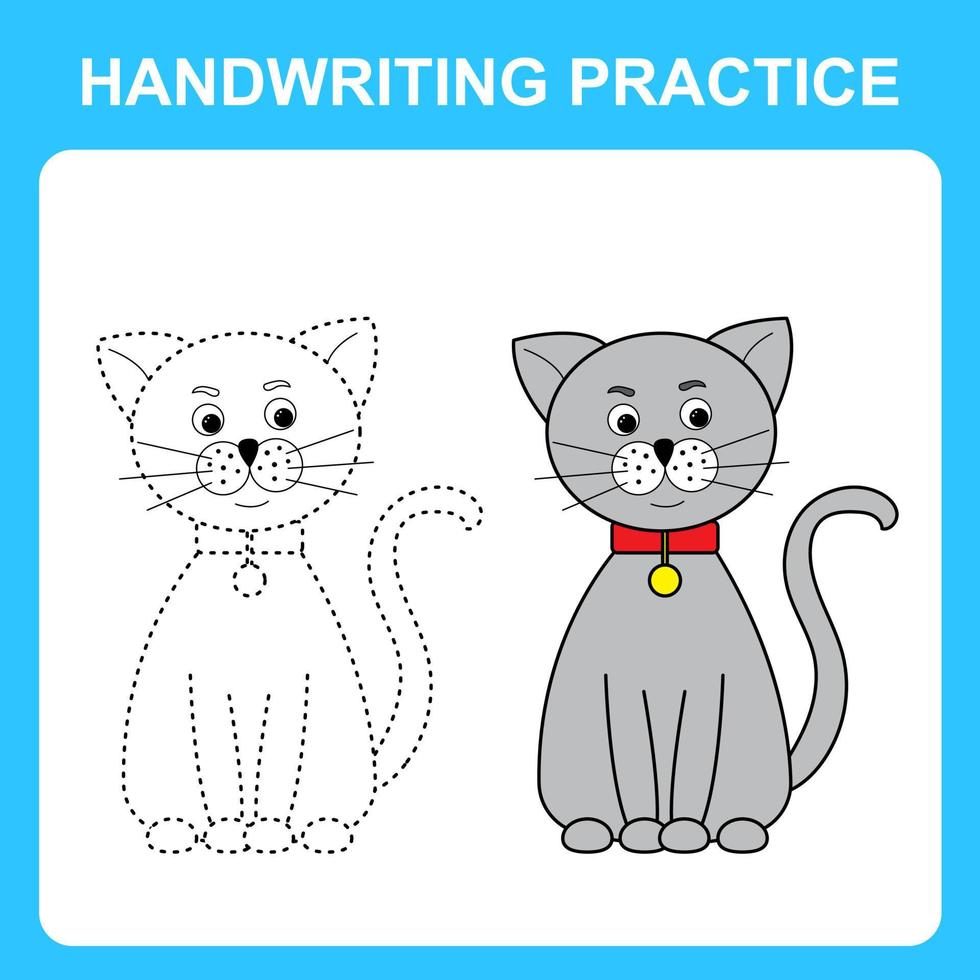 handschrift oefening. trek lijnen en kleur de kat. leerzaam kinderen spel, kleur vel, afdrukbare werkblad. vector illustratie