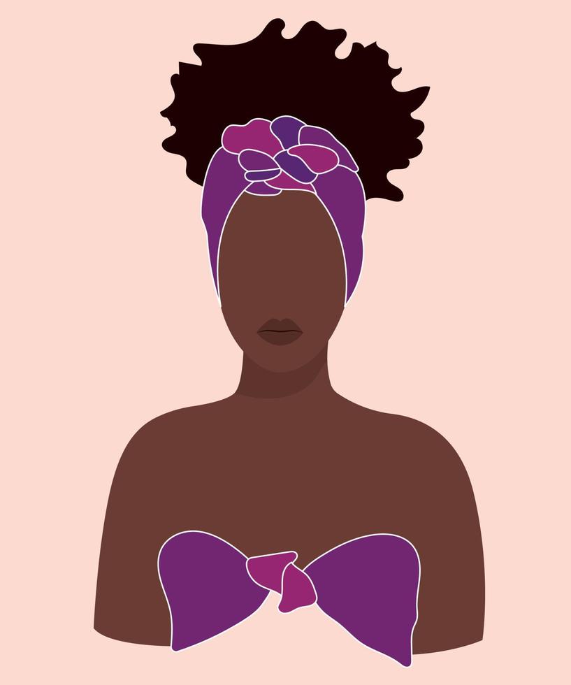 afro vrouw vector portret met elegant kapsel. zwart meisje met tulband Aan de hoofd. boho stijl portret. ontwerp voor poster, banier, ansichtkaart