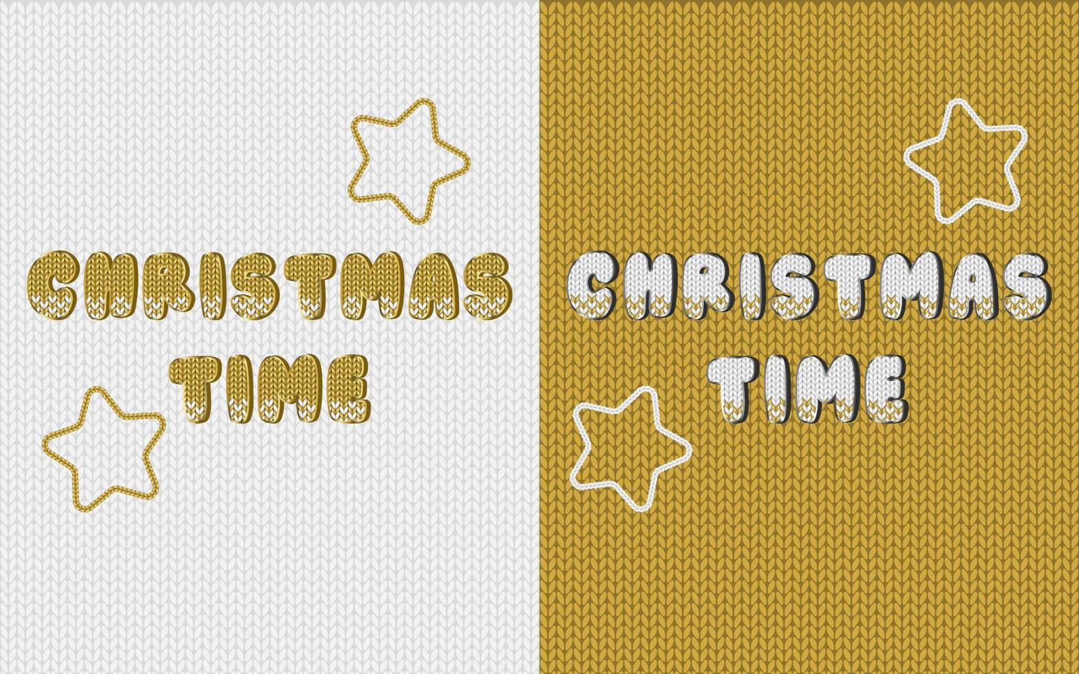 vakantie poster met Kerstmis tijd belettering en sterren. breien structuur Aan achtergrond. goud vakantie advertentie of presentatie ontwerp vector