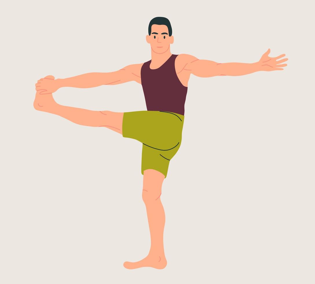 Mens vervelend sportkleding aan het doen yoga. jong fit vent aan het doen yoga. hand- getrokken gekleurde vector illustratie. gewicht verlies. Gezondheid zorg en levensstijl concept. mannetje yoga.