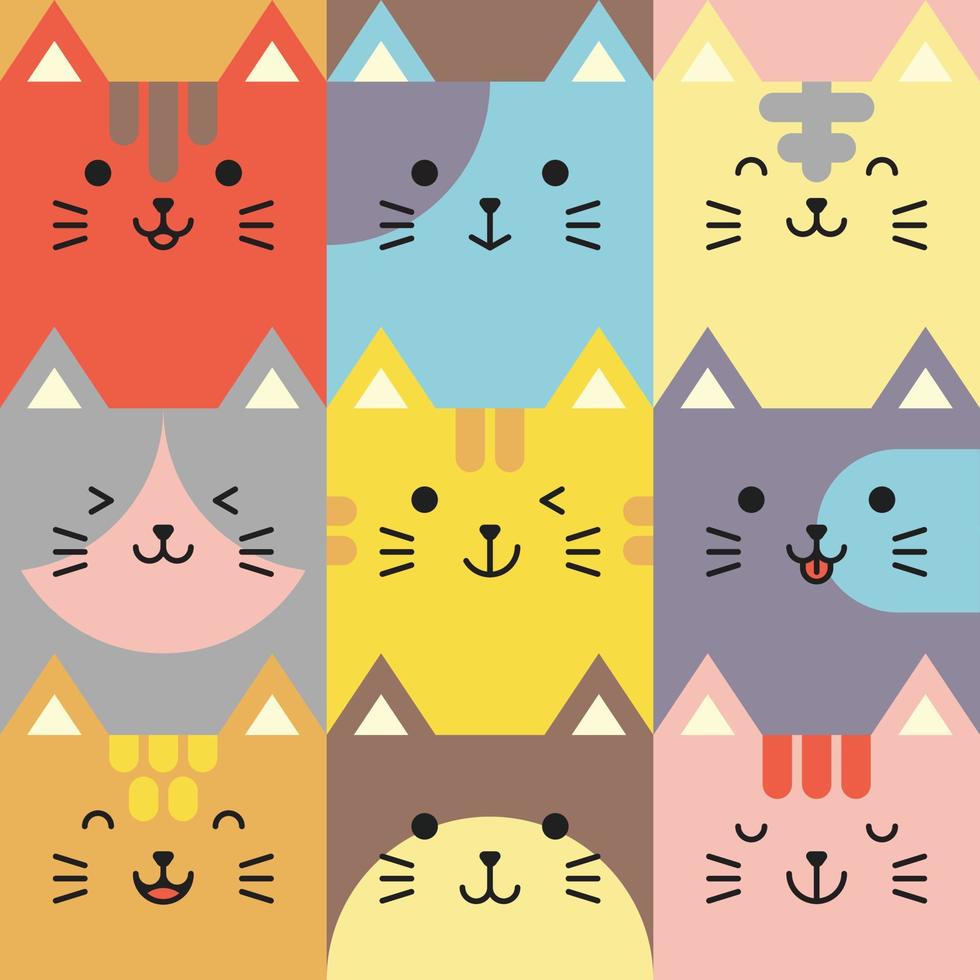 set van verschillende avatars van gezichtsuitdrukkingen van katten. schattige schattige baby dierlijke hoofd vectorillustratie. eenvoudig ontwerp van gelukkig lachend dierlijk beeldverhaal gezicht emoticon. afbeeldingen en kleurrijke achtergronden. vector