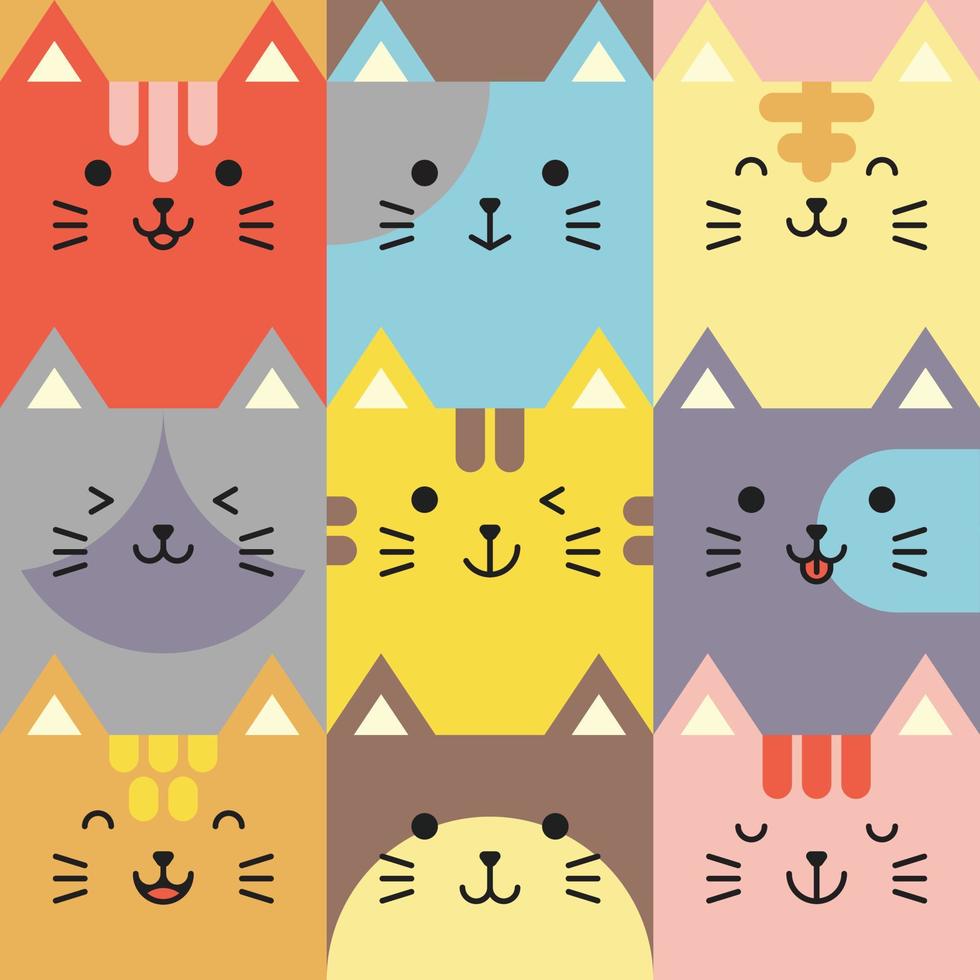 set van verschillende avatars van gezichtsuitdrukkingen van katten. schattige schattige baby dierlijke hoofd vectorillustratie. eenvoudig ontwerp van gelukkig lachend dierlijk beeldverhaal gezicht emoticon. afbeeldingen en kleurrijke achtergronden. vector