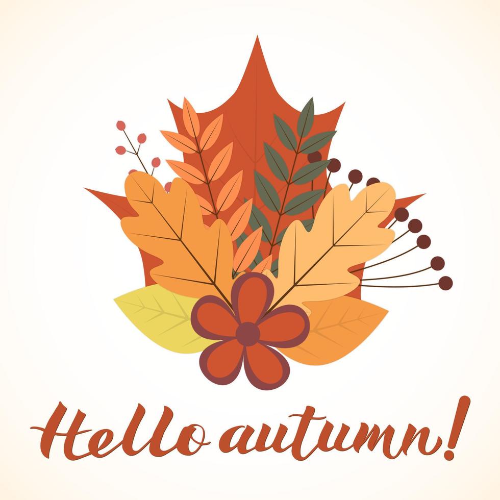 Hallo herfst geschreven met borstel. bundel met kleurrijk bladeren en bloemen. schoonschrift handgeschreven belettering.vector sjabloon voor t-short, mokken, spandoeken, kaarten, websites, enz. vector