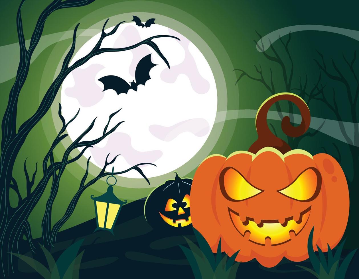 halloween achtergrond met eng pompoen vol maan lantaarn vector. spookachtig nacht groen achtergrond vector