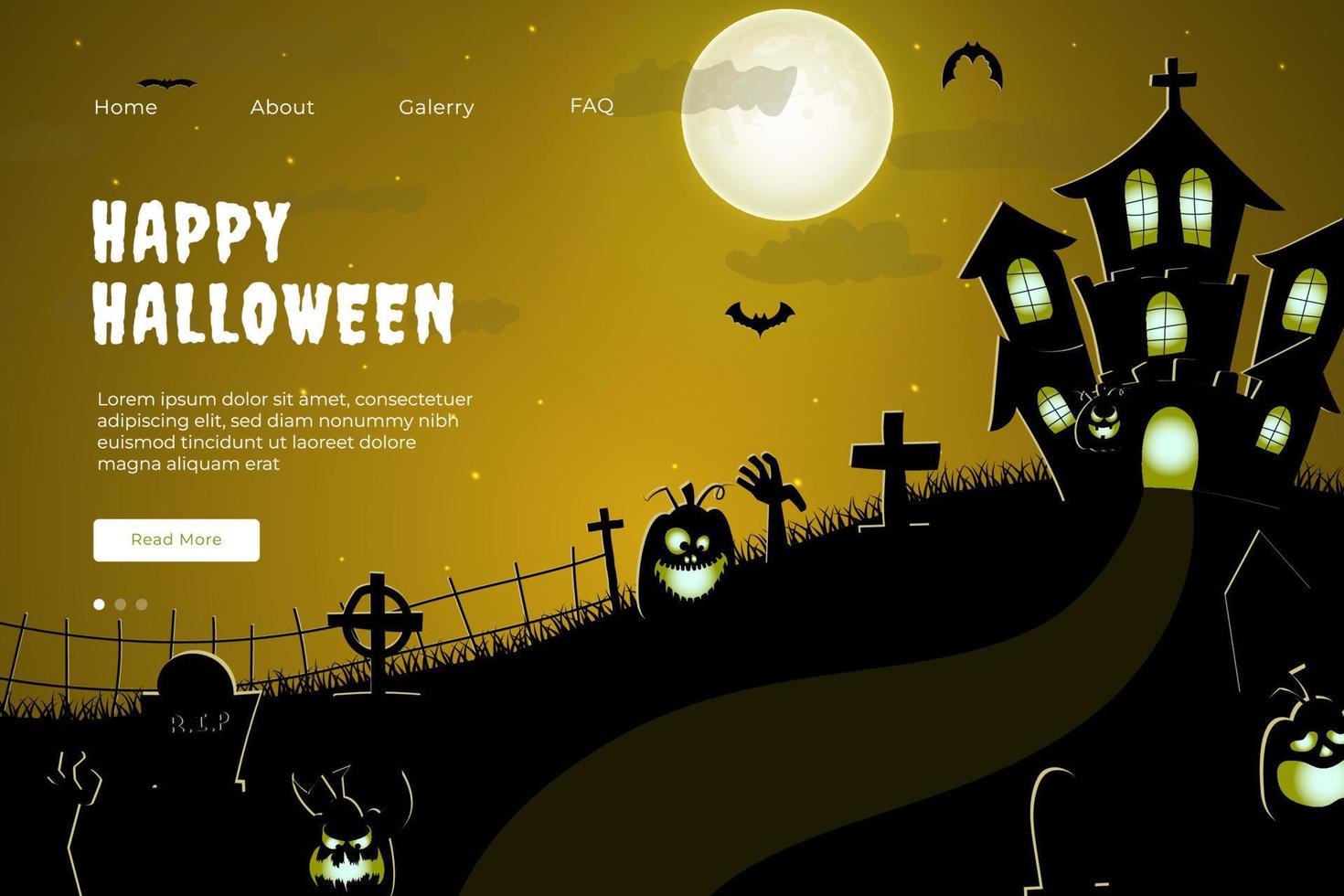 gelukkig halloween website ontwerp. vlak halloween landen bladzijde sjabloon met silhouetten van pompoenen, vleermuizen, en achtervolgd huis vector