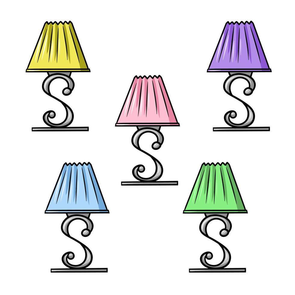 tafel lamp met een mooi kleding stof schaduw, Aan een gebogen stellage, een reeks van gekleurde vector illustraties in tekenfilm stijl Aan een wit achtergrond