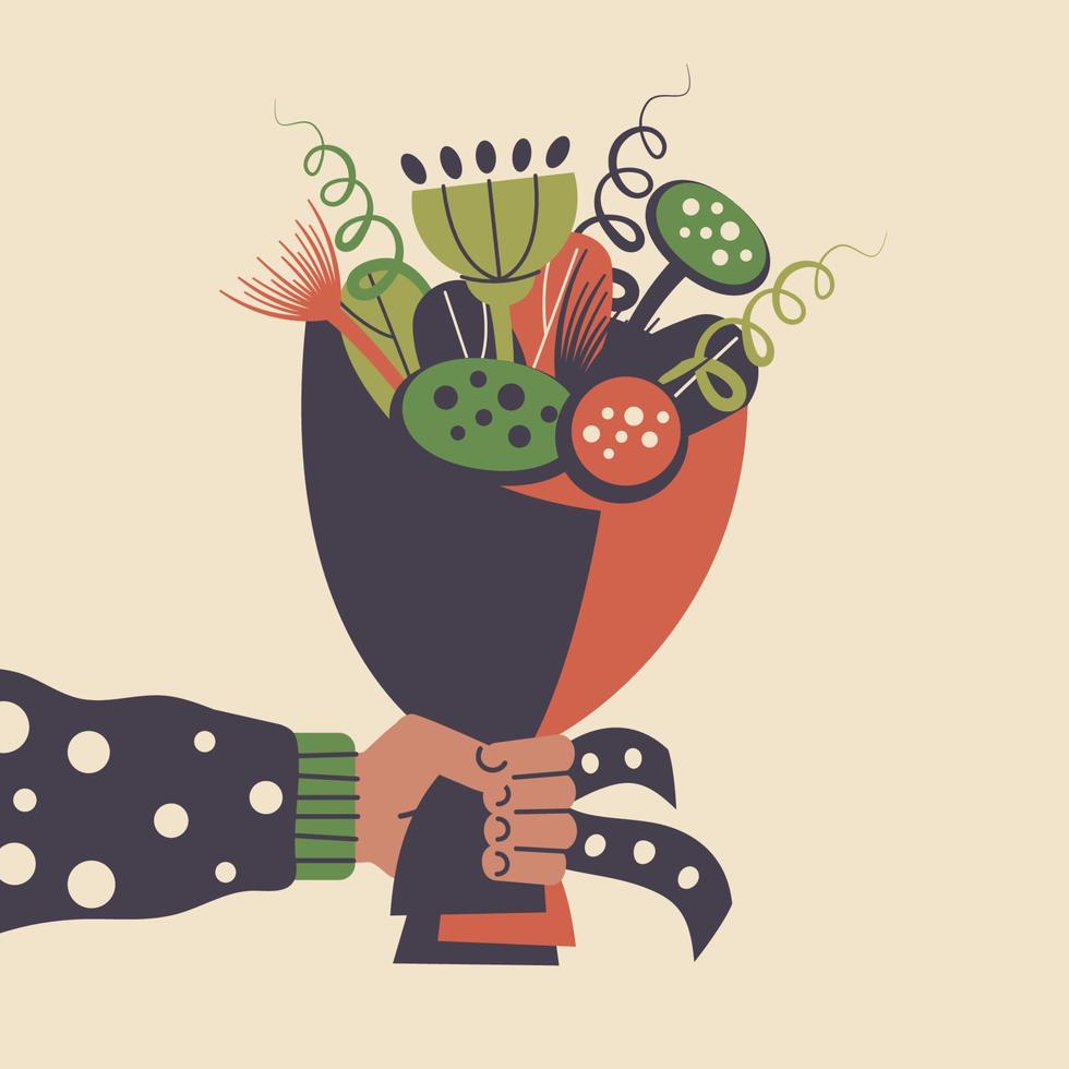 boeket van bloemen in tekenfilm stijl. een menselijk hand- Holding een boeket van bloemen. een Mens geeft bloemen. bloemen elementen. vector illustratie voor verjaardag, feestelijk evenement, partij, groet kaart.