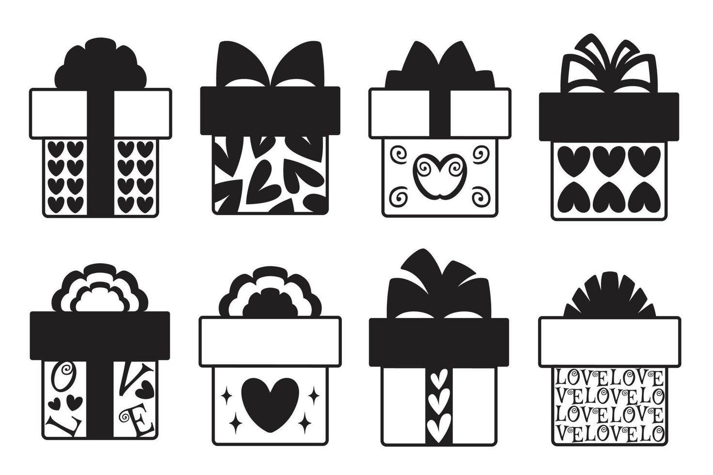 reeks van Valentijnsdag dag cadeaus met harten. geschenk doos pictogrammen. zwart en wit stijl vector illustratie.