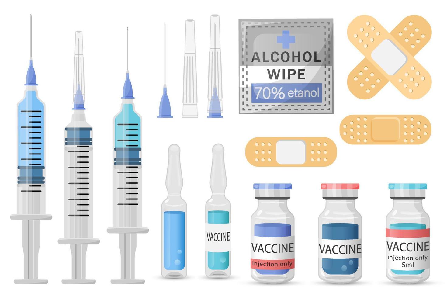 reeks van medisch apparatuur.gezondheid zorg, immuniteit steun, bescherming.wegwerp medisch spuiten, ampullen met vaccin, zelfklevend gips, desinfecterend alcohol doekjes.vector vlak illustratie vector