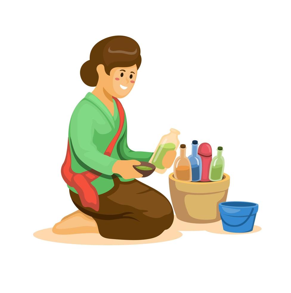 vrouw verkoop en maken traditioneel kruiden drinken oftewel jamu is Indonesisch gezond drinken illustratie vector