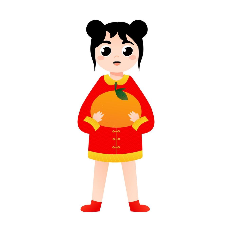 schattig meisje in Chinese nationaal kostuum Holding mandarijn in tekenfilm stijl voor maan- nieuw jaar decoratief element vector