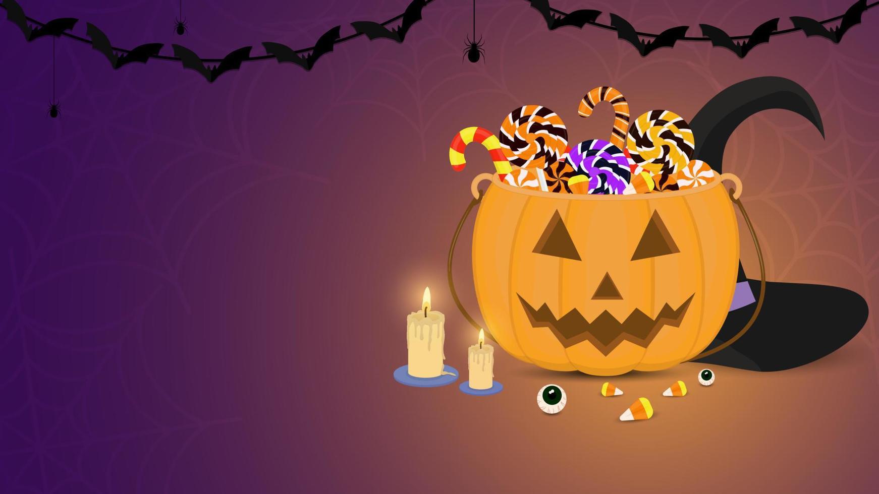 halloween achtergrond met snoepgoed, pompoen mand, heks hoed en kaarsen vector