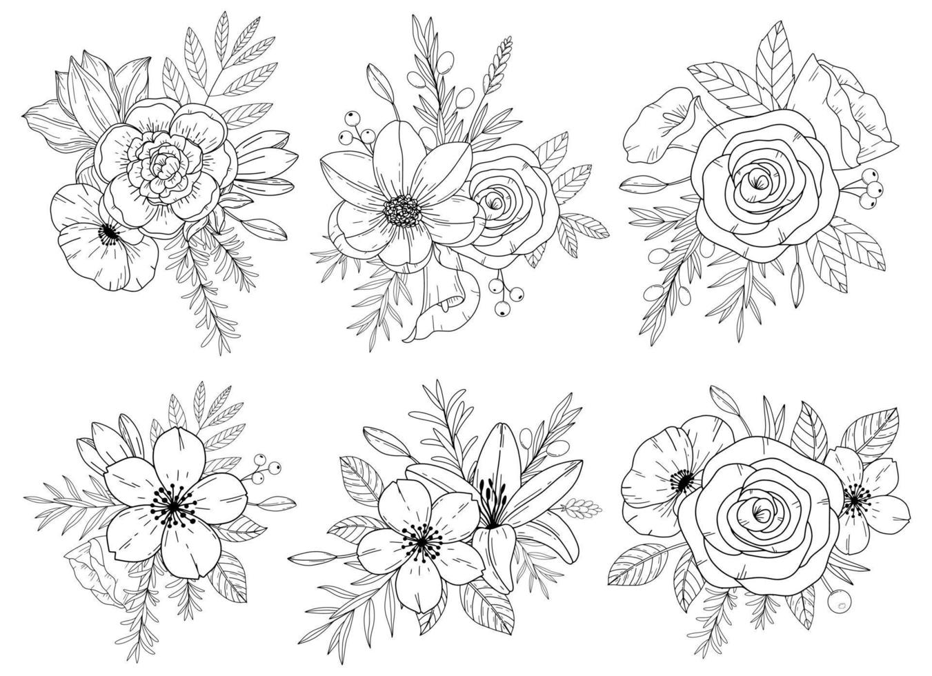 set abstracte elegante lijn kunst bloem en blad krans. continu boho lijntekeningen silhouet van bloemenkunstwerken vector
