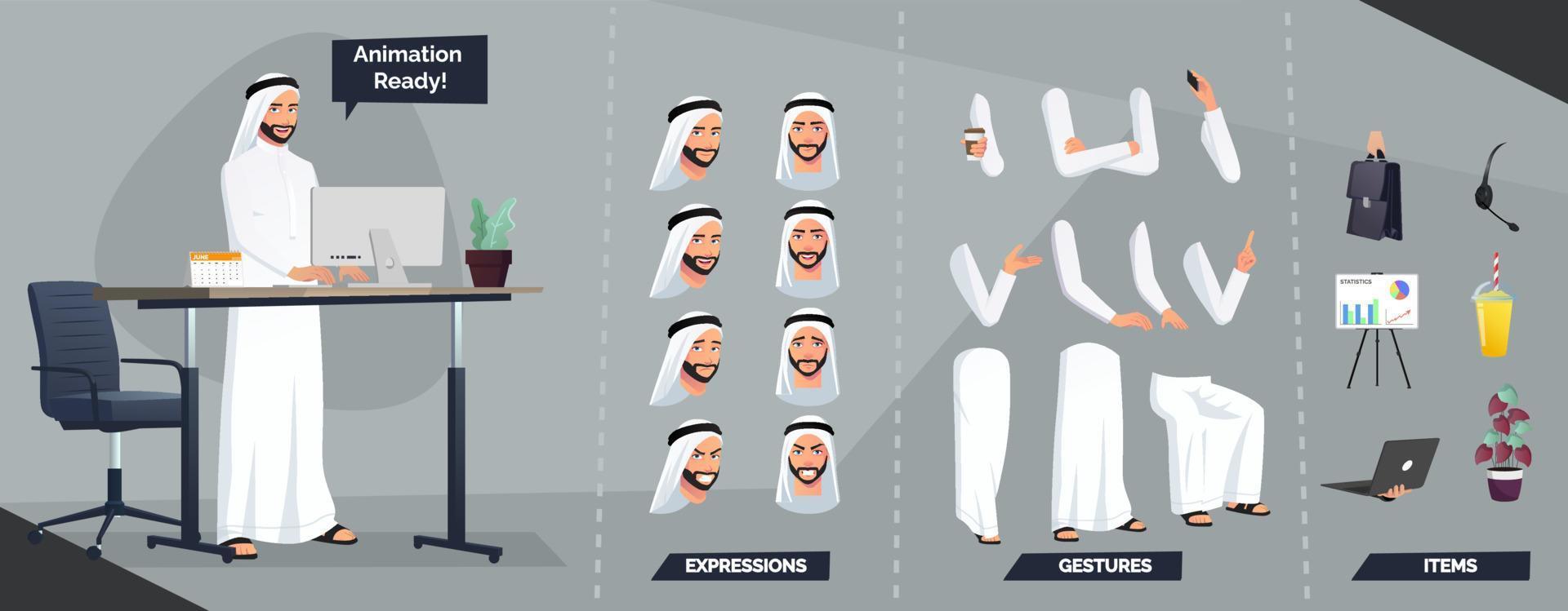 gestileerde Arabisch moslim Mens karakter creatie met traditioneel saudi doeken en tulband vector