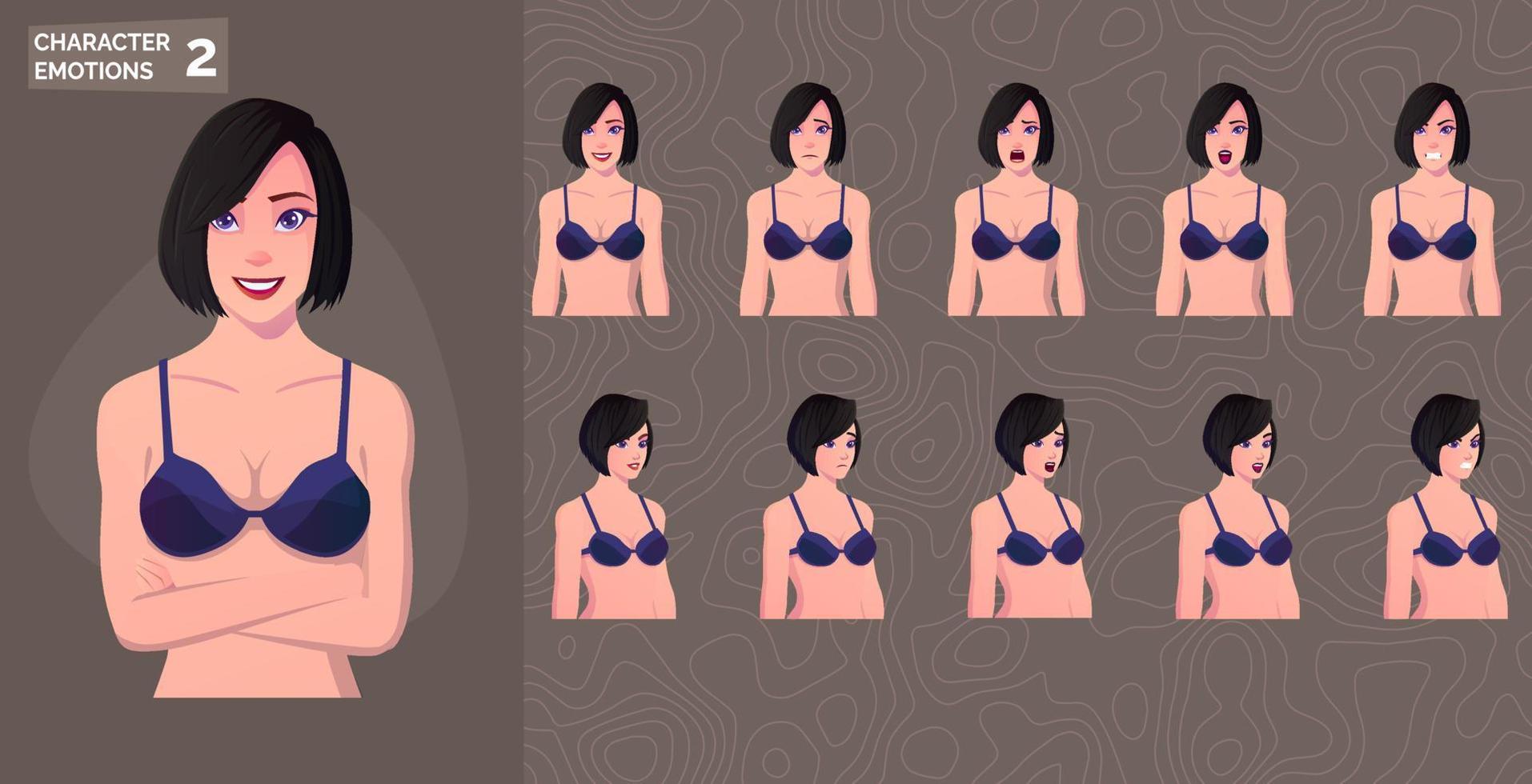 vrouw vervelend bikini karakter emoties en gezicht uitdrukkingen vector