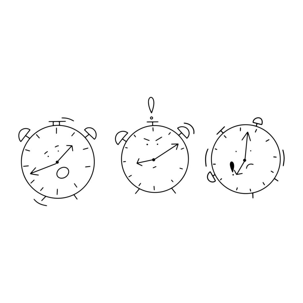 vertraging concept. reeks van klokken in tekening stijl. alarm klokken karakters. vector illustratie