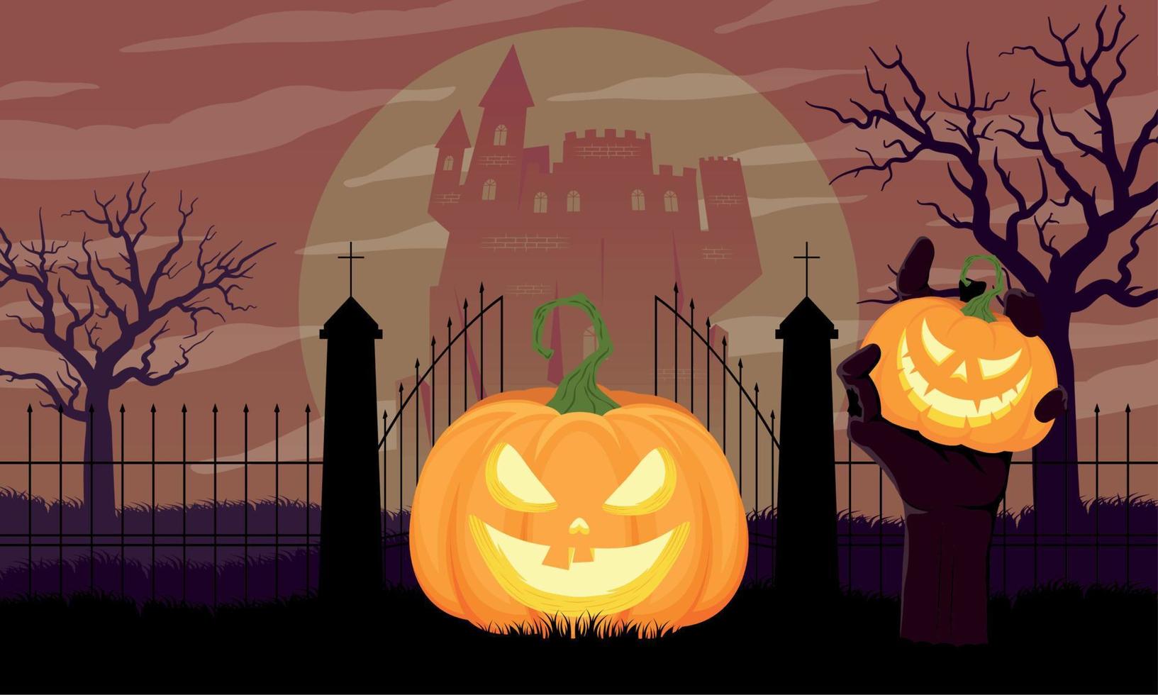 halloween kasteel poort en pompoenen vector