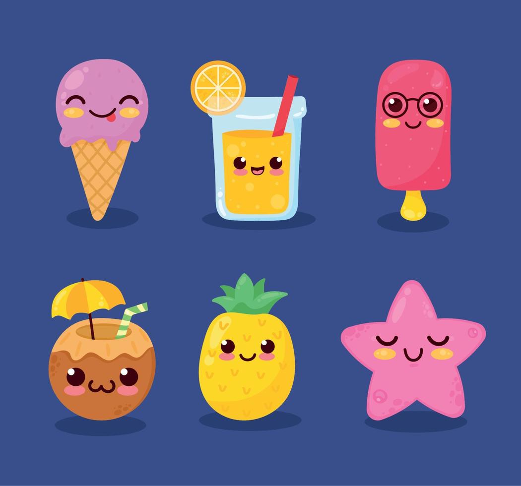 zes zomer kawaii ontwerpen vector