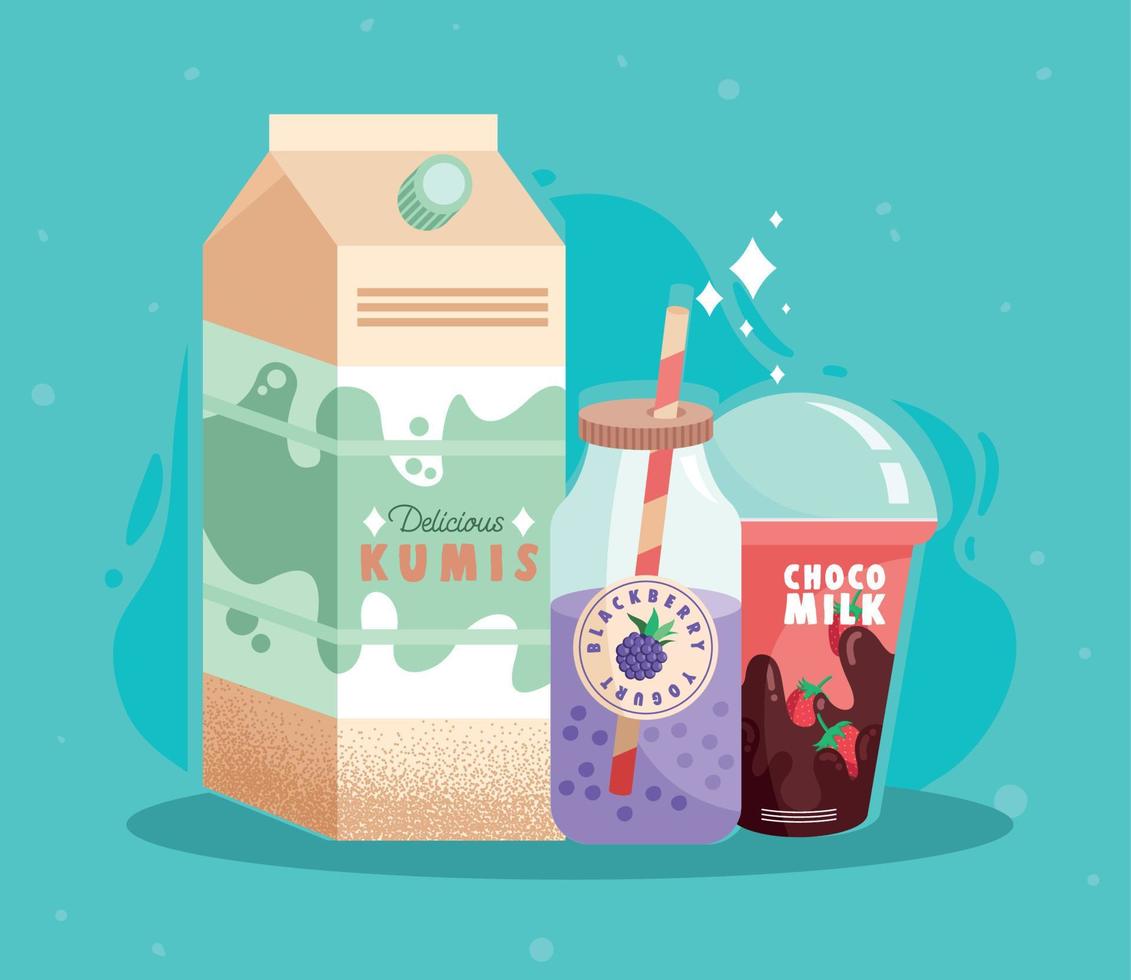 kumis ,yoghurt en chocolade melk vector