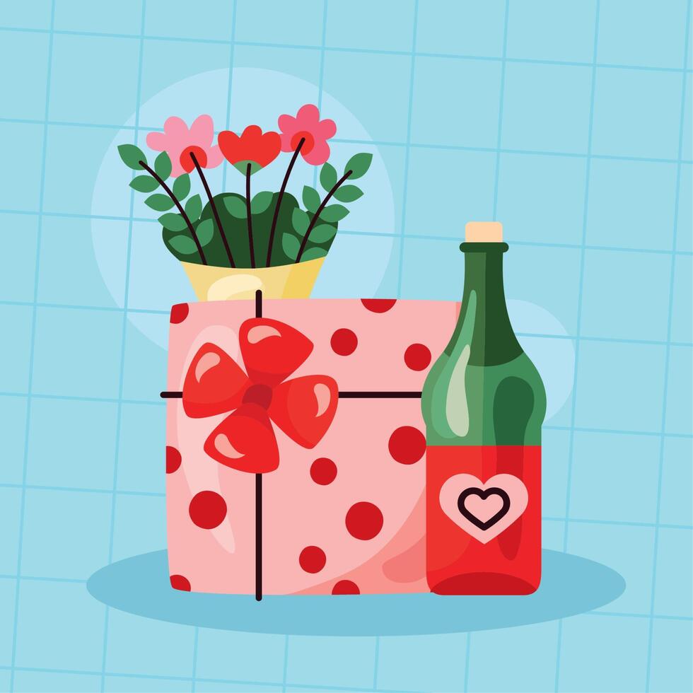 gelukkig valentijnsdag Champagne en geschenk vector