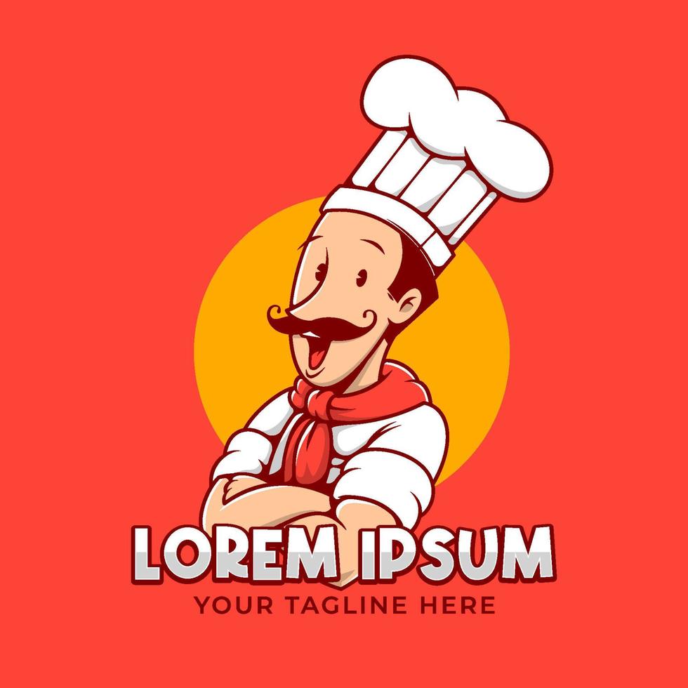 chef koken meester met snor tekenfilm mascotte embleem logo vector