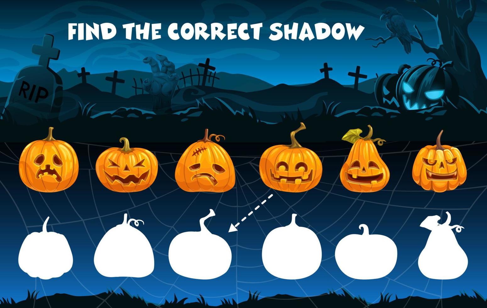 vind correct schaduw van halloween pompoen kinderen spel vector