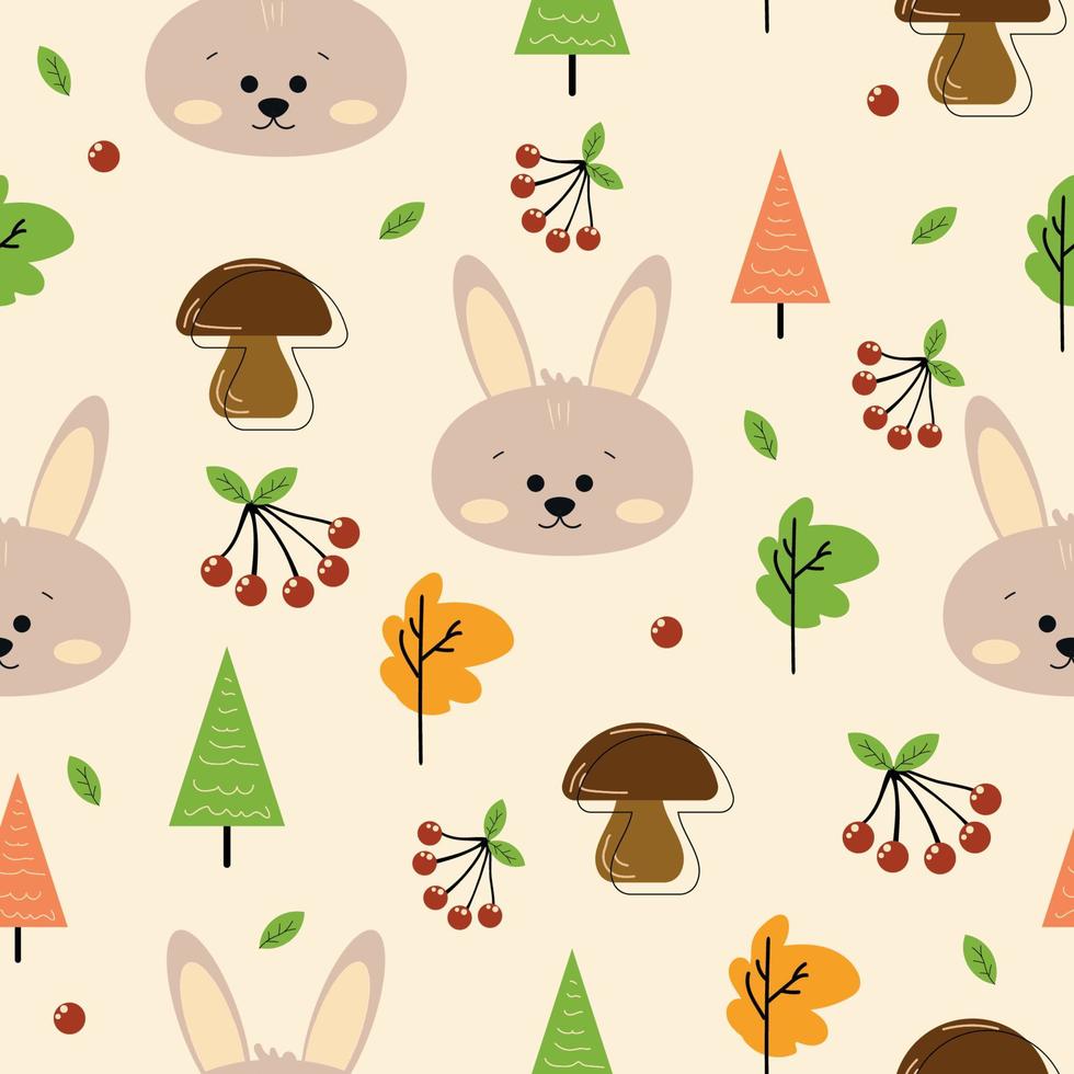 naadloos achtergrond patroon met een konijn haas in de Woud. paddestoel bomen bladeren berg as. geschikt voor kleding stof voor kinderen, behang in de kinderkamer. potlood doos vector