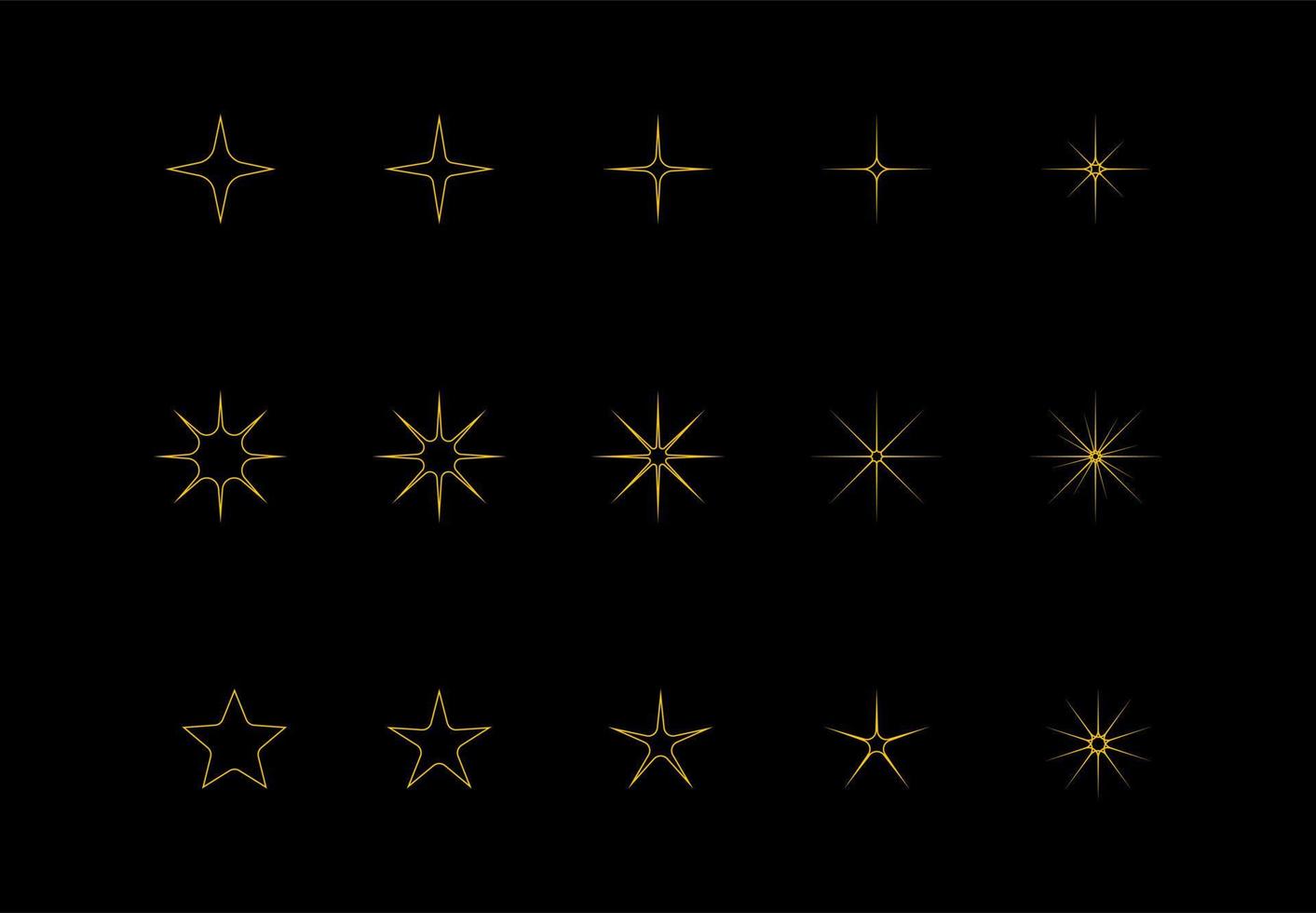 vector geel, goud, oranje sprankelend contouren symbool geïsoleerd Aan zwart achtergrond. reeks van origineel vector fonkeling sterren pictogrammen. helder vuurwerk, fonkelend decoraties, sprankelend knippert. vector reeks
