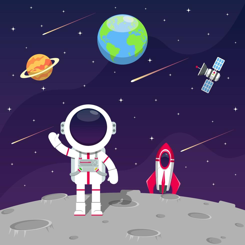 vector illustratie van de astronaut geland Aan de maan met zijn raket en zag een visie van de aarde en andere planeten omringd door sterren