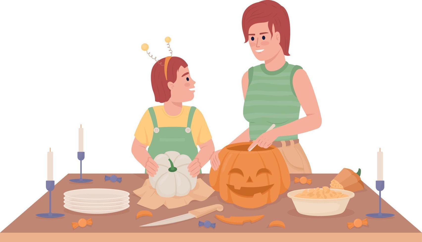 maken pompoen decoratie semi vlak kleur vector karakters. bewerkbare figuren. vol lichaam mensen Aan wit. halloween voorbereidende werkzaamheden gemakkelijk tekenfilm stijl illustratie voor web grafisch ontwerp en animatie