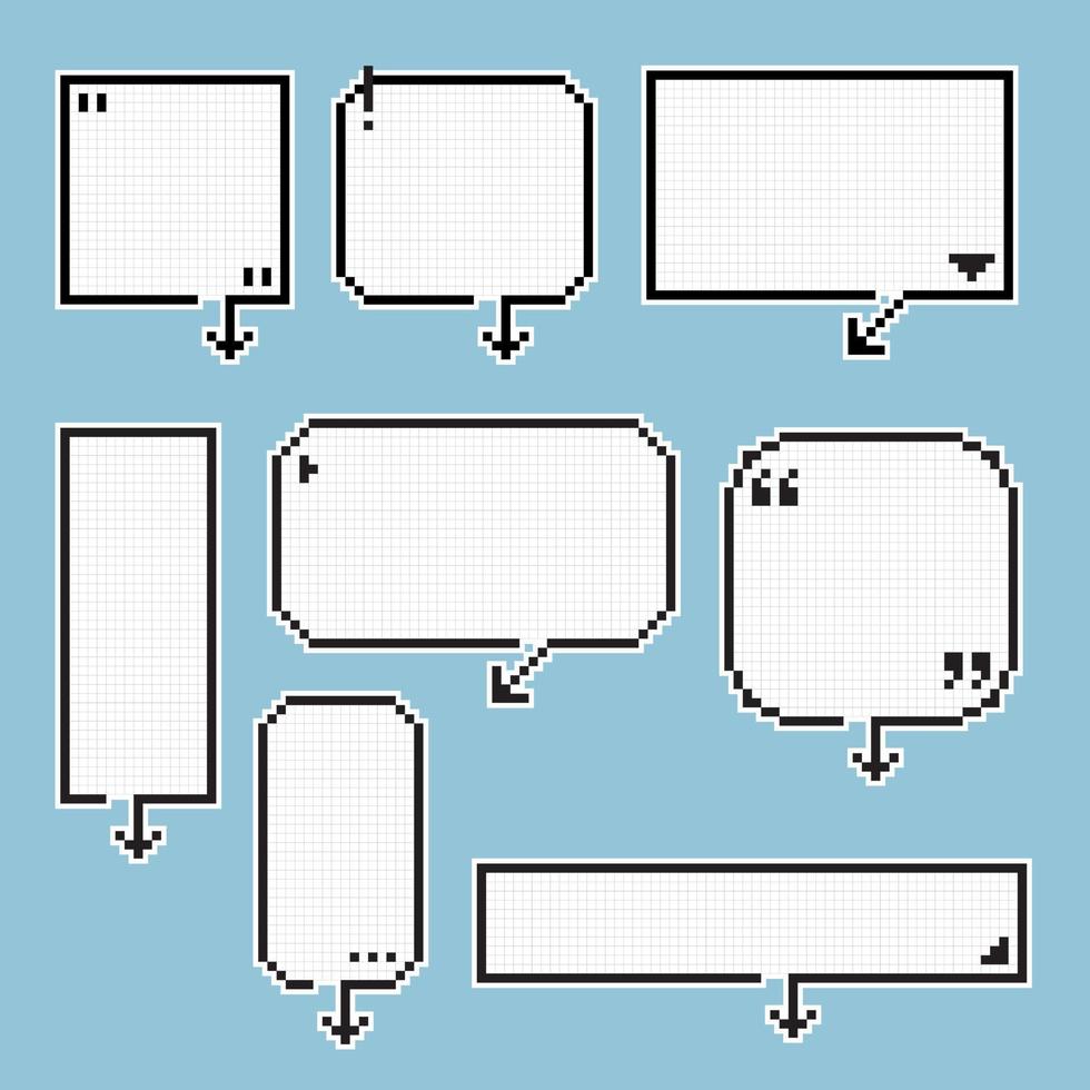 verzameling reeks van retro spel 8 beetje lijn pixel toespraak bubbel ballon zwart en wit kleur met pijl en schaduw, vlak ontwerp vector illustratie