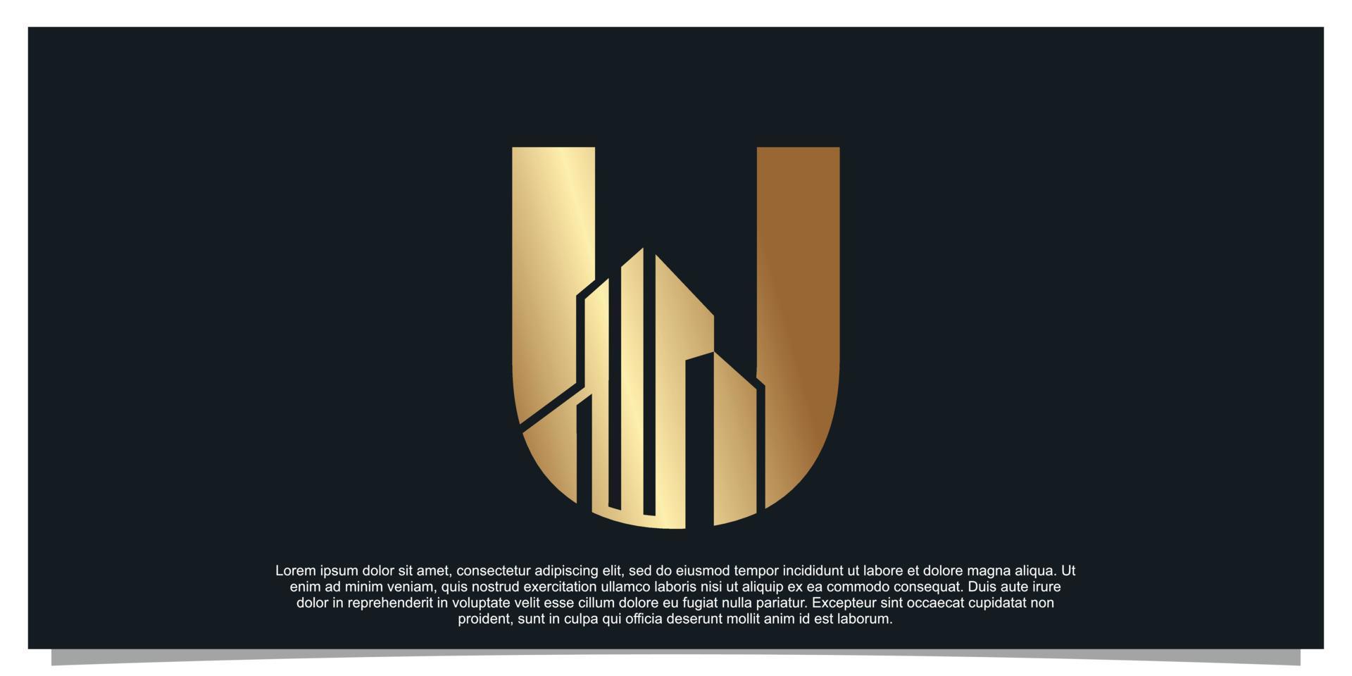 monogram logo ontwerp eerste brief u voor bedrijf met gebouw gouden kleur concept premie vector