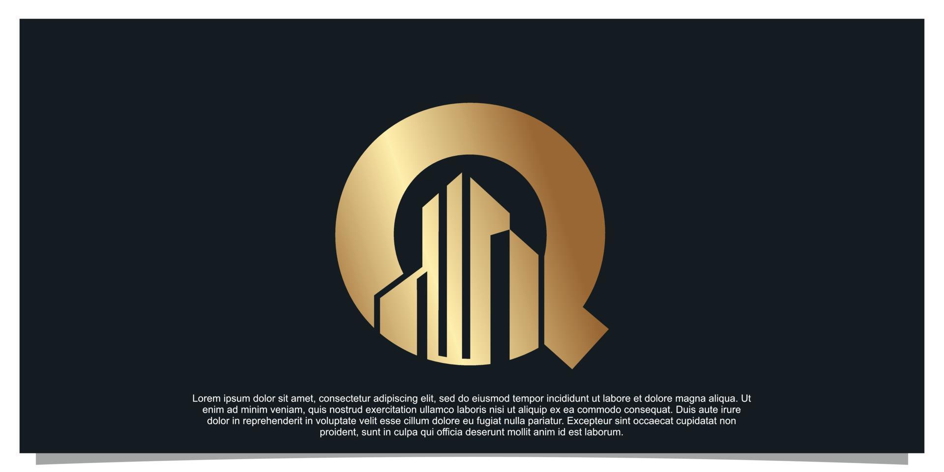 monogram logo ontwerp eerste brief q voor bedrijf met gebouw gouden kleur concept premie vector