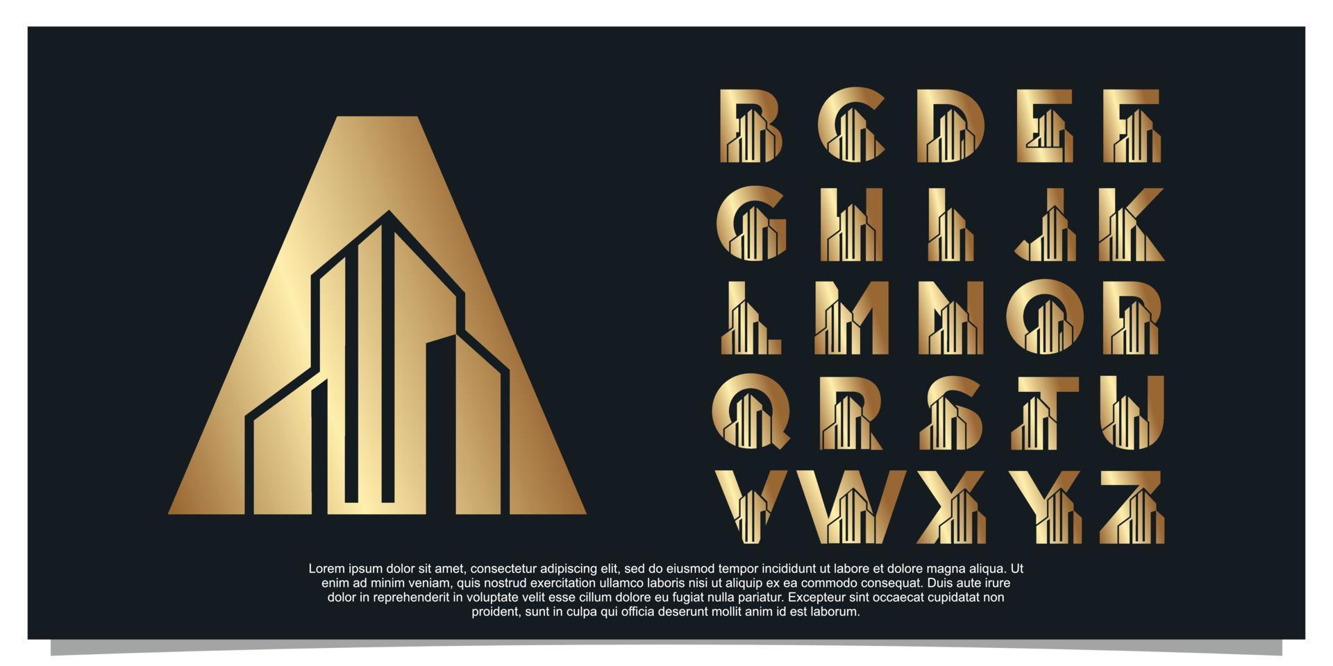 reeks monogram logo ontwerp eerste brief voor bedrijf met gebouw gouden kleur concept premie vector