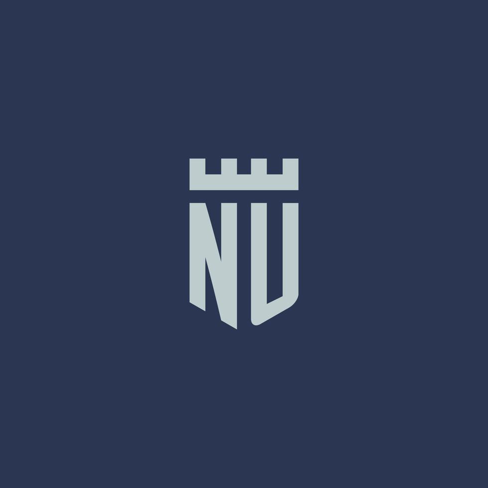 nu logo monogram met vesting kasteel en schild stijl ontwerp vector