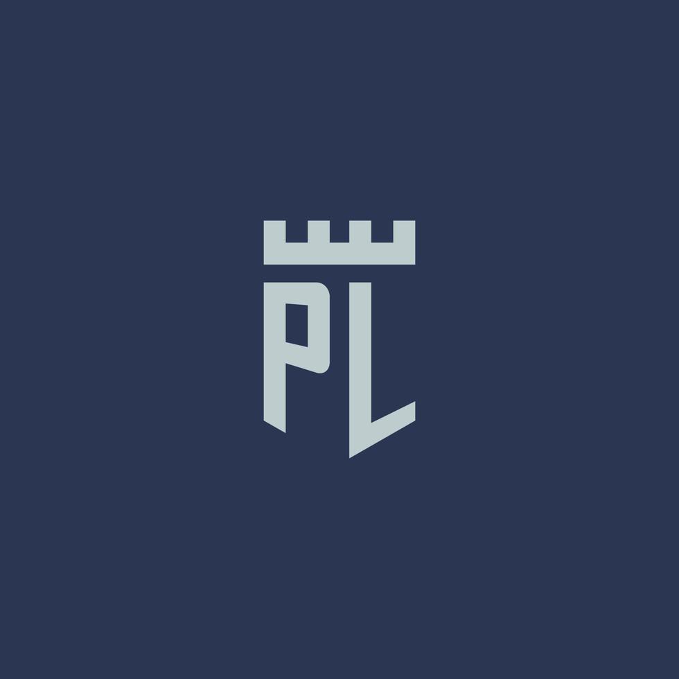 pl logo monogram met vesting kasteel en schild stijl ontwerp vector